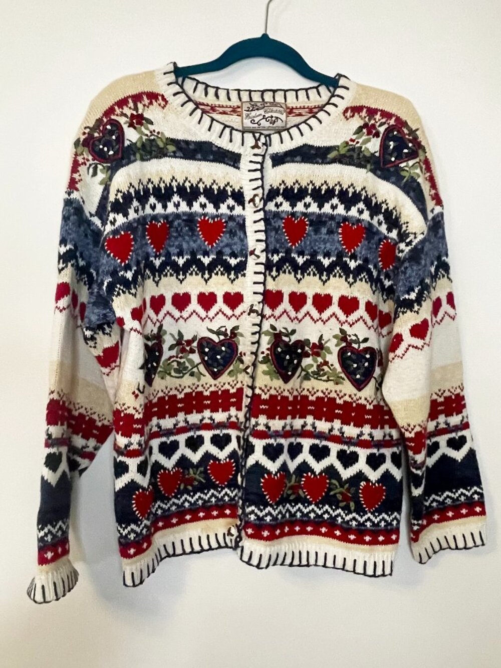 Vintage Heirloom Collectibles Heart Fair Isle Sweater Cottagecore Nordic Large